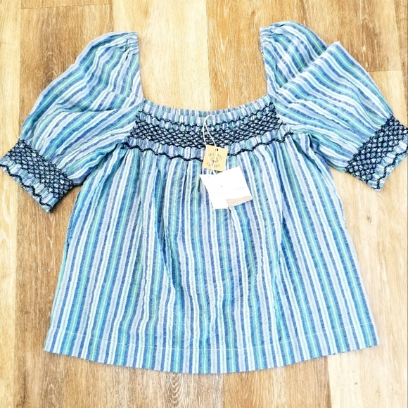 Faherty Presley Top Blue Coast Stripe Babydoll Square Neck Boho Smocked Organic - Picture 5 of 14